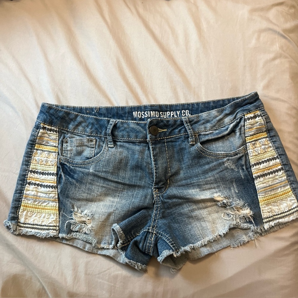 Mossimo Supply Co. Distressed Blue Jean Shorts with aztec tribal Patterns